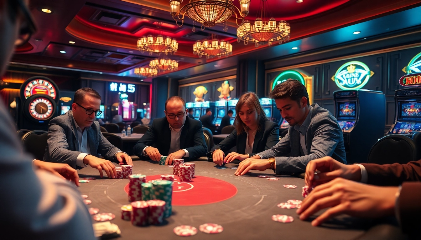 Poker players engaged in a thrilling high-stakes game showcasing the 5MB digital platform for enhanced gambling experiences.