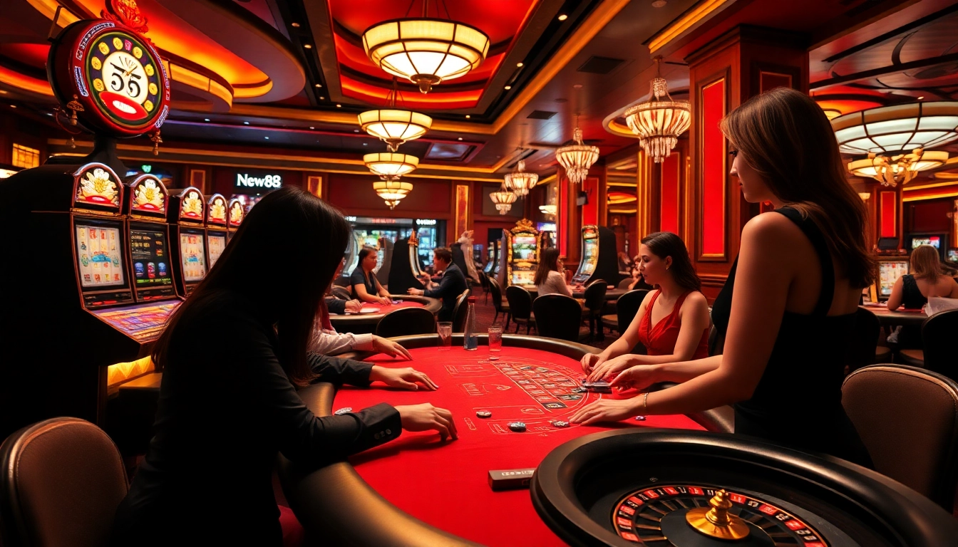 New88 casino scene featuring players at poker and roulette tables, vibrant atmosphere.