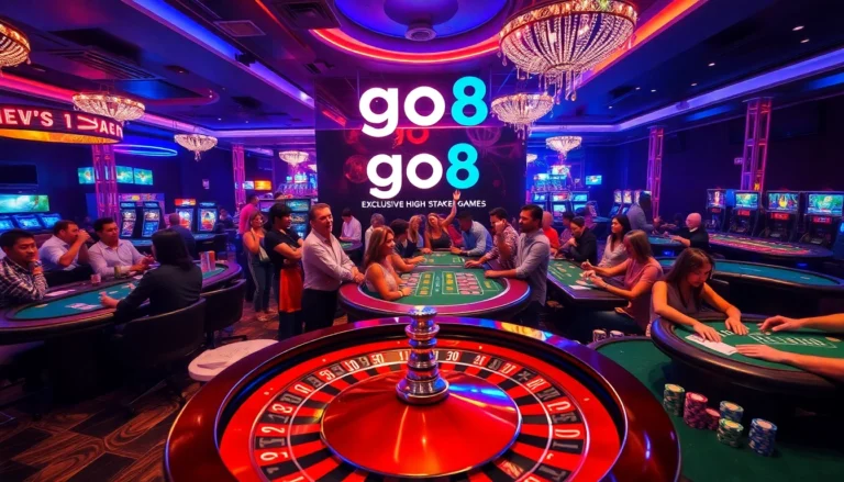 Players celebrate a win at the vibrant go8 casino, showcasing poker chips and a roulette wheel.