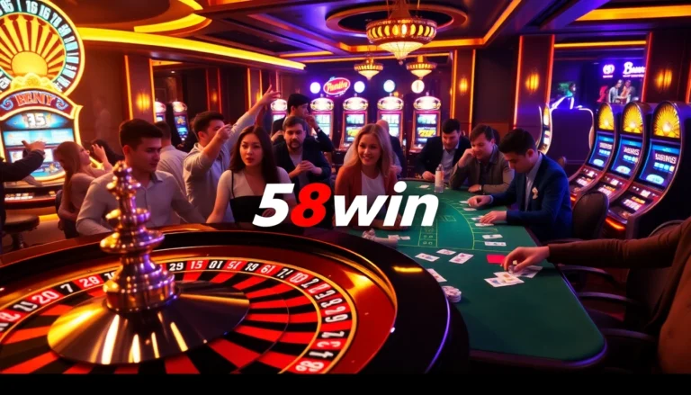 Exciting casino scene featuring players at the 58win poker table, engaging in thrilling gameplay amidst colorful slot machines and a vibrant atmosphere.