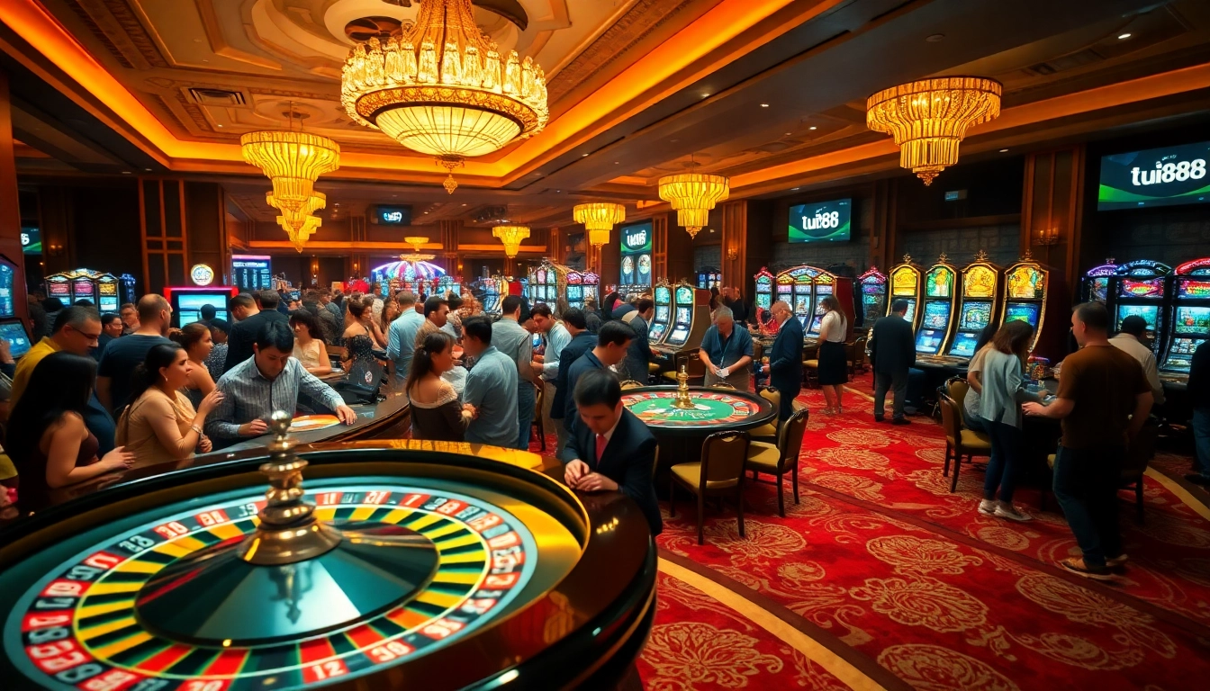 Experience the thrill of uu88 as players engage around the vibrant roulette wheel in a bustling casino.