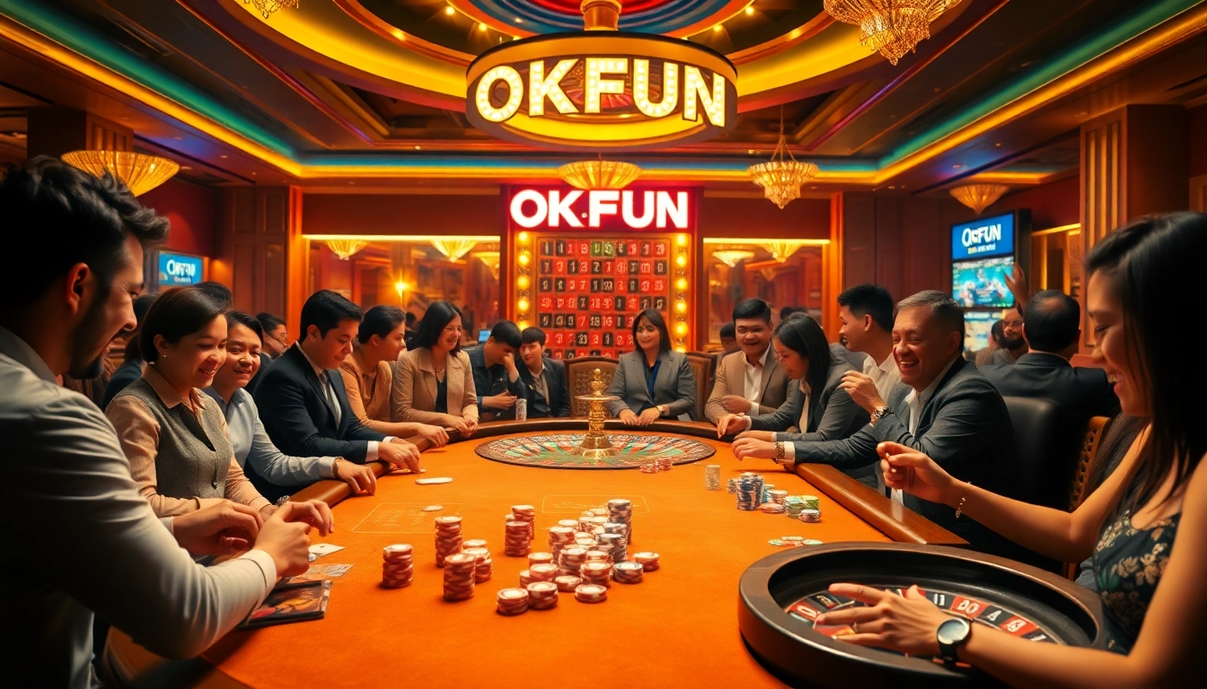 OKFUN casino gaming scene featuring vibrant poker action and roulette thrill.